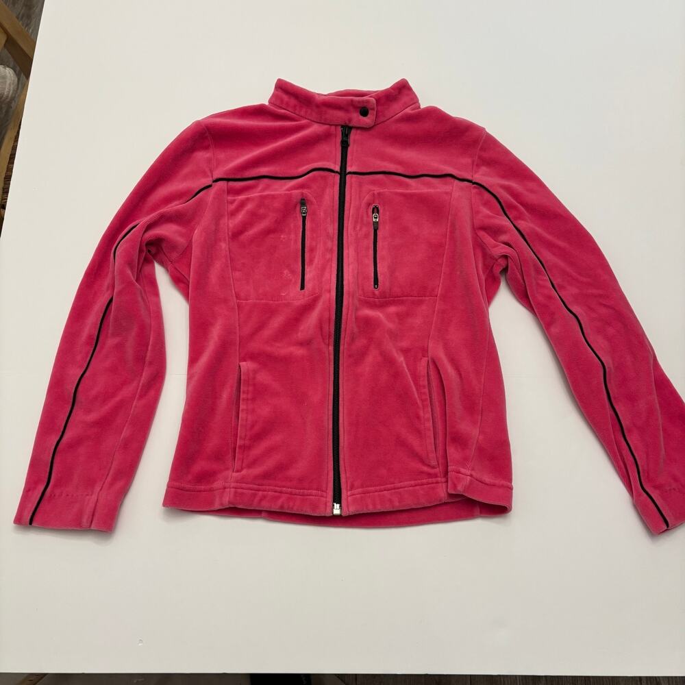 Tommy Hilfiger Womens S Pink Velour Track Jacket Y2K Full Zip Black Piping
